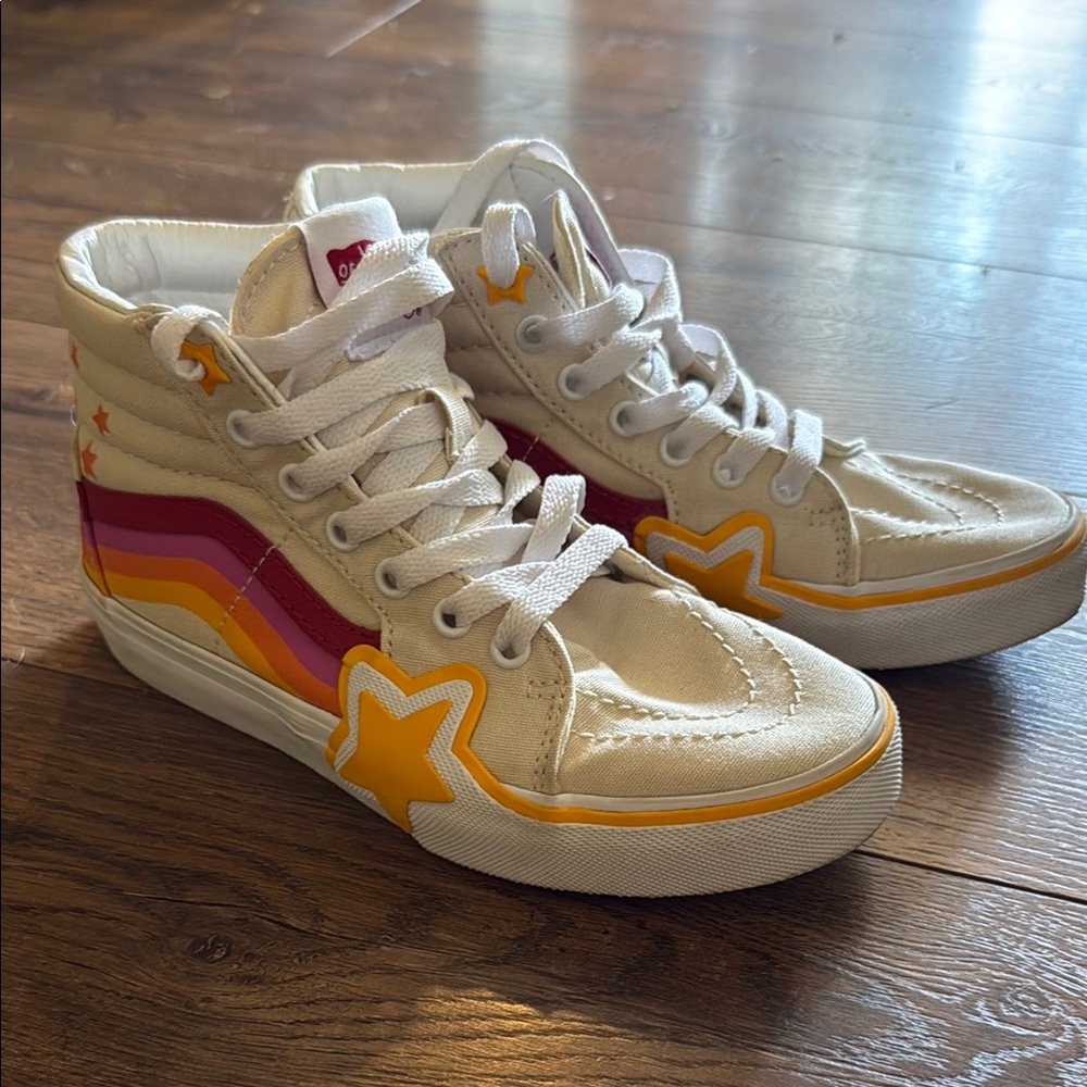 Vans Kids' Cream High-Top Sneakers with Rainbow Stripe & Yellow Star